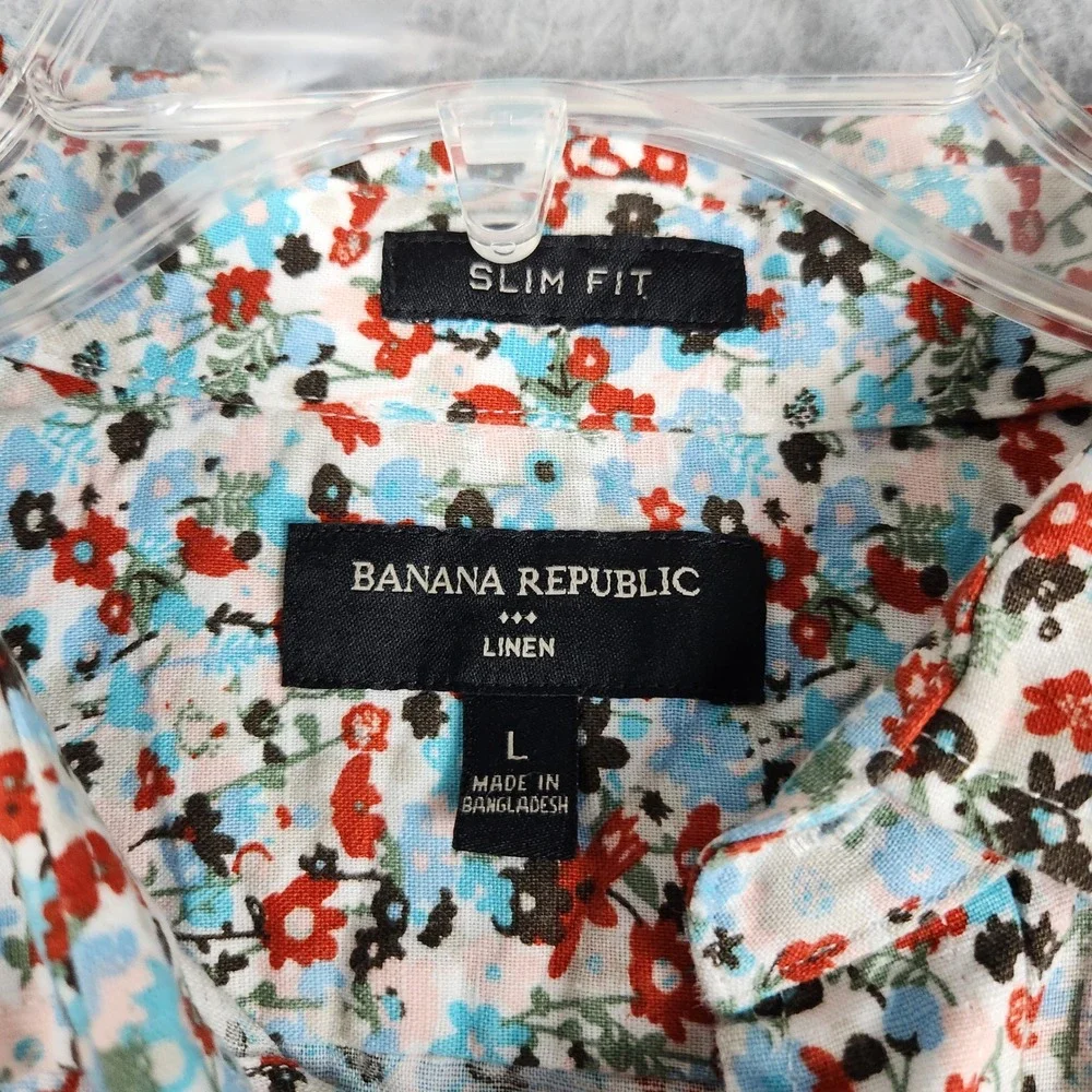 Banana Republic Shirt Mens Large Multi Floral Linen Blend Slim Fit Short Sleeve